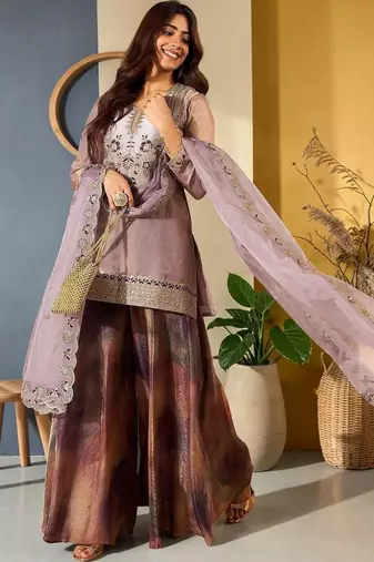 Women Ethnic Motifs Embroidered Regular Thread Work Kurta with Sharara & With Dupatta