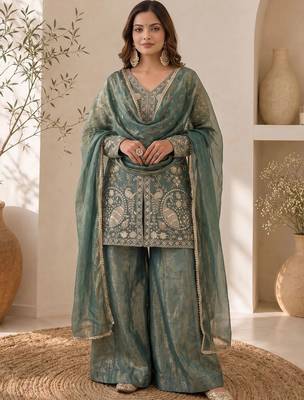 Women Ethnic Motifs Embroidered Regular Thread Work Kurta with Sharara & With Dupatta 1