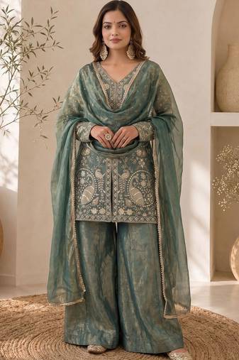 Women Ethnic Motifs Embroidered Regular Thread Work Kurta with Sharara & With Dupatta