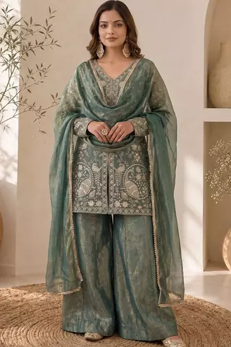 Women Ethnic Motifs Embroidered Regular Thread Work Kurta with Sharara & With Dupatta