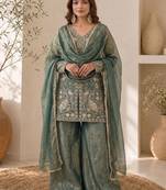 Women Ethnic Motifs Embroidered Regular Thread Work Kurta with Sharara & With Dupatta
