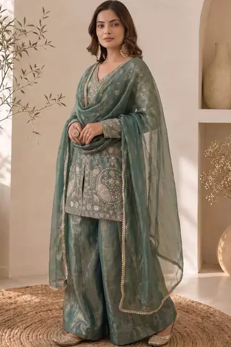 Women Ethnic Motifs Embroidered Regular Thread Work Kurta with Sharara & With Dupatta