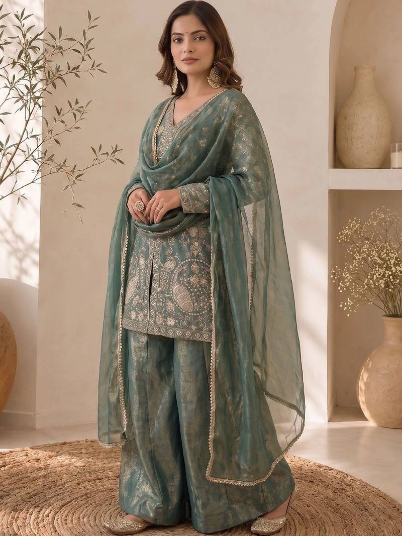Women Ethnic Motifs Embroidered Regular Thread Work Kurta with Sharara & With Dupatta