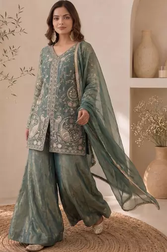 Women Ethnic Motifs Embroidered Regular Thread Work Kurta with Sharara & With Dupatta