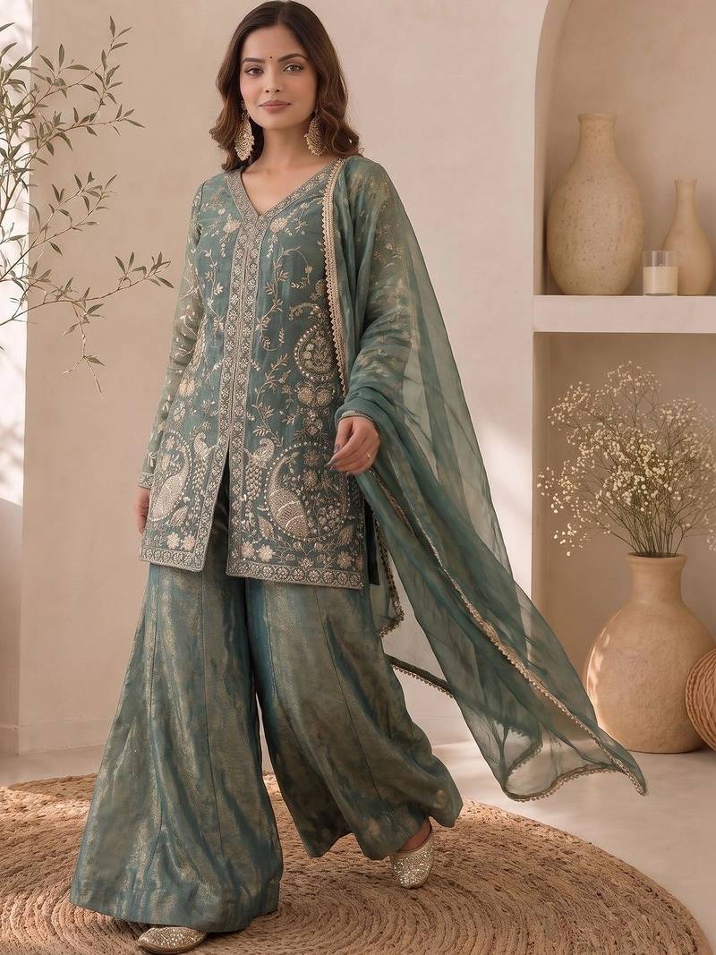 Women Ethnic Motifs Embroidered Regular Thread Work Kurta with Sharara & With Dupatta