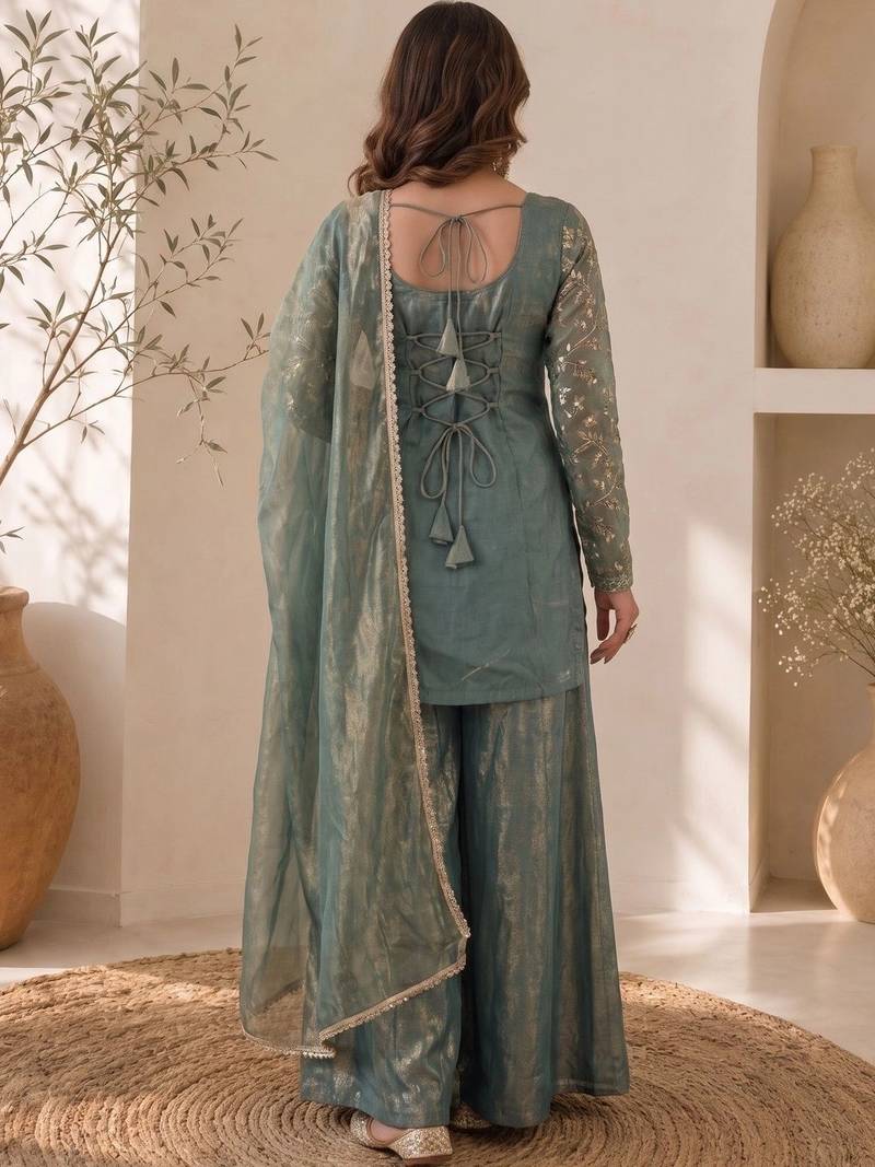 Women Ethnic Motifs Embroidered Regular Thread Work Kurta with Sharara & With Dupatta