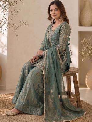 Women Ethnic Motifs Embroidered Regular Thread Work Kurta with Sharara & With Dupatta 6