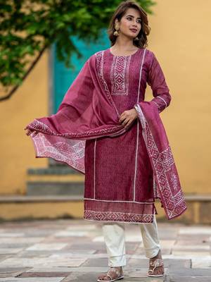 Women Ethnic Motifs Printed Regular Chanderi Silk Kurta with Trousers & With Dupatta 3