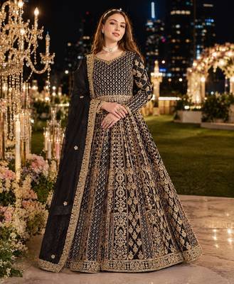 Black embroidered net semi stitched anarkali suit 1