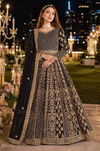 Black embroidered net semi stitched anarkali suit