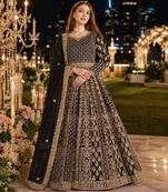 Black embroidered net semi stitched anarkali suit