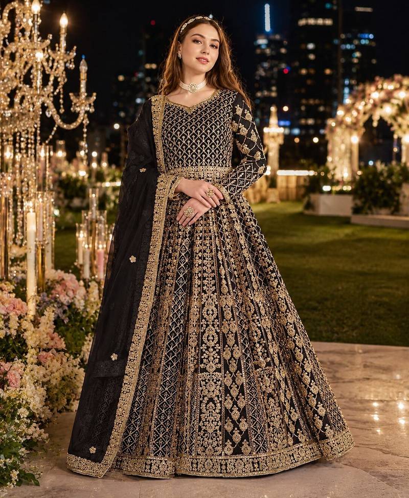 Black embroidered net semi stitched anarkali suit