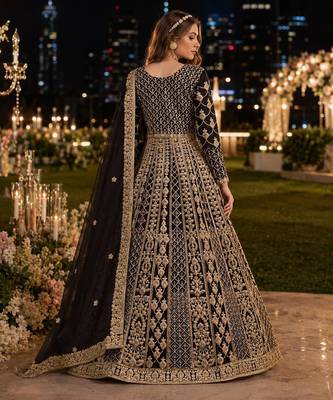 Black embroidered net semi stitched anarkali suit 2