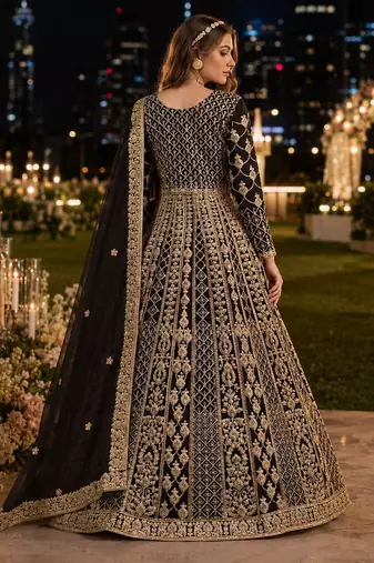 Black embroidered net semi stitched anarkali suit