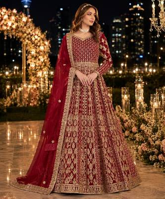 Maroon embroidered net semi stitched anarkali suit 1