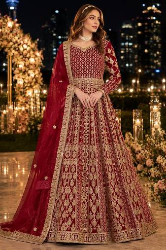 Maroon embroidered net semi stitched anarkali suit