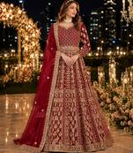 Maroon embroidered net semi stitched anarkali suit