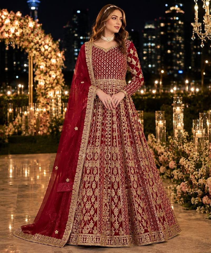 Maroon embroidered net semi stitched anarkali suit