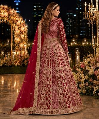 Maroon embroidered net semi stitched anarkali suit 2