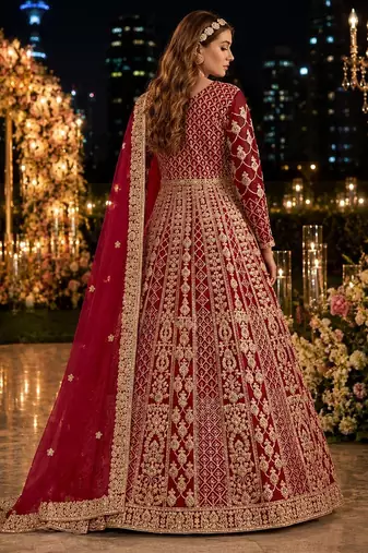 Maroon embroidered net semi stitched anarkali suit