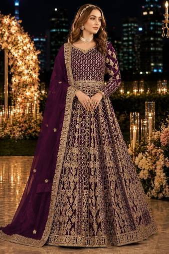 Purple embroidered net semi stitched anarkali suit