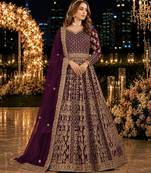 Purple embroidered net semi stitched anarkali suit