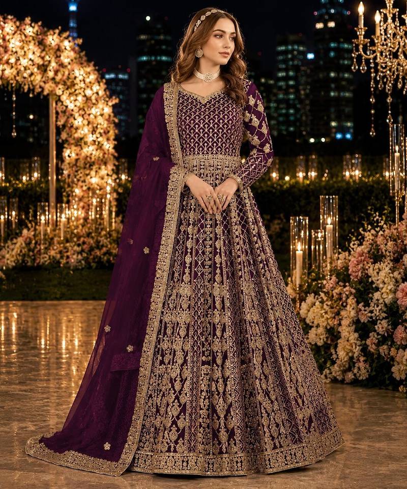 Purple embroidered net semi stitched anarkali suit