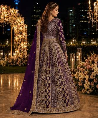Purple embroidered net semi stitched anarkali suit 2