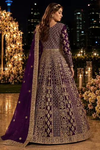 Purple embroidered net semi stitched anarkali suit