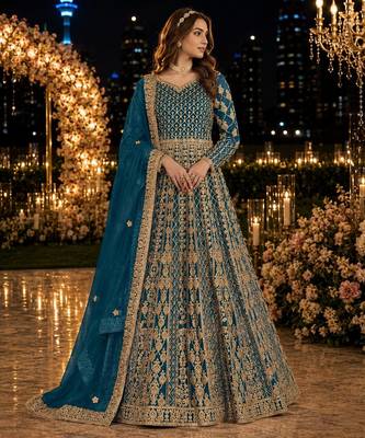 Teal embroidered net semi stitched anarkali suit 1