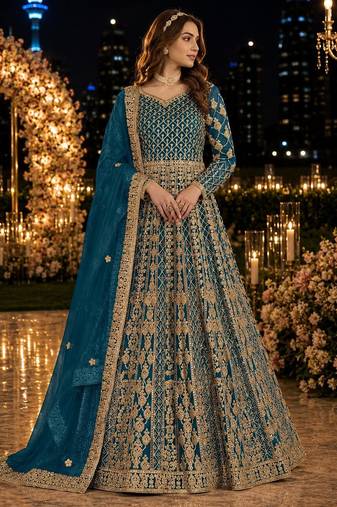 Teal embroidered net semi stitched anarkali suit