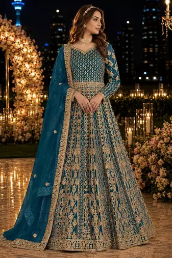 Teal embroidered net semi stitched anarkali suit