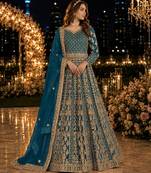 Teal embroidered net semi stitched anarkali suit