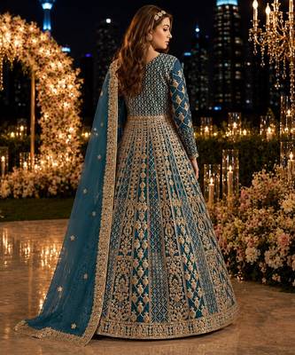 Teal embroidered net semi stitched anarkali suit 2