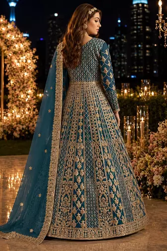 Teal embroidered net semi stitched anarkali suit