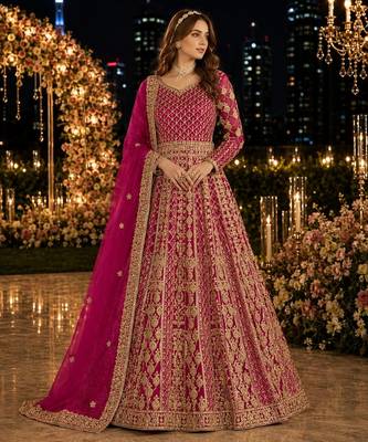 Rani pink embroidered net semi stitched anarkali suit 1