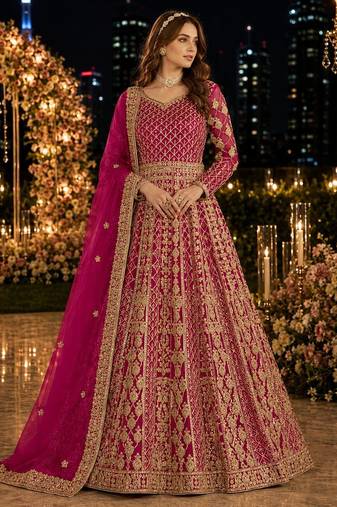 Rani pink embroidered net semi stitched anarkali suit
