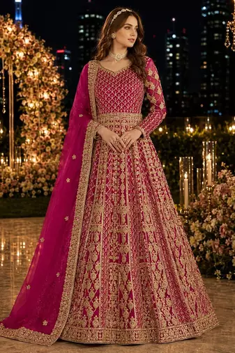 Rani pink embroidered net semi stitched anarkali suit