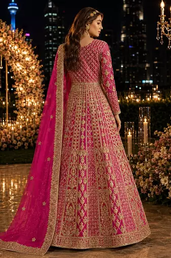 Rani pink embroidered net semi stitched anarkali suit