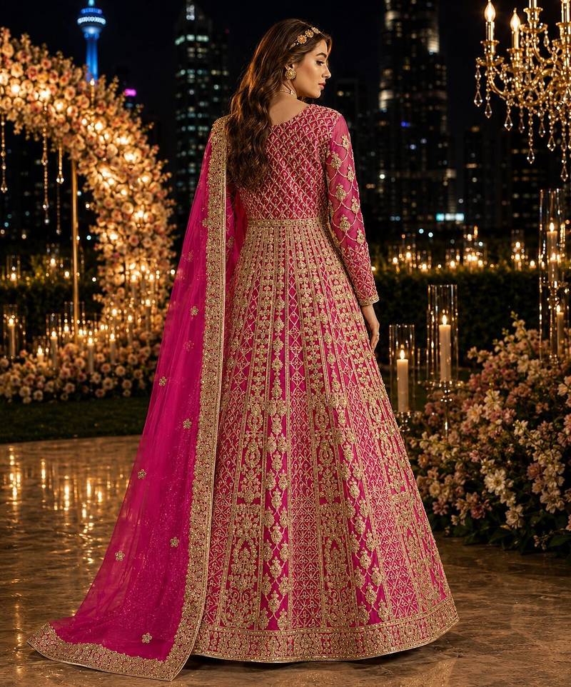 Rani pink embroidered net semi stitched anarkali suit