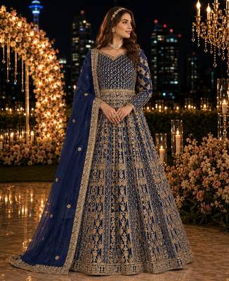 Navy blue embroidered net semi stitched anarkali suit 1