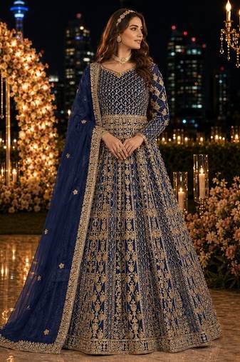 Navy blue embroidered net semi stitched anarkali suit