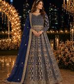 Navy blue embroidered net semi stitched anarkali suit