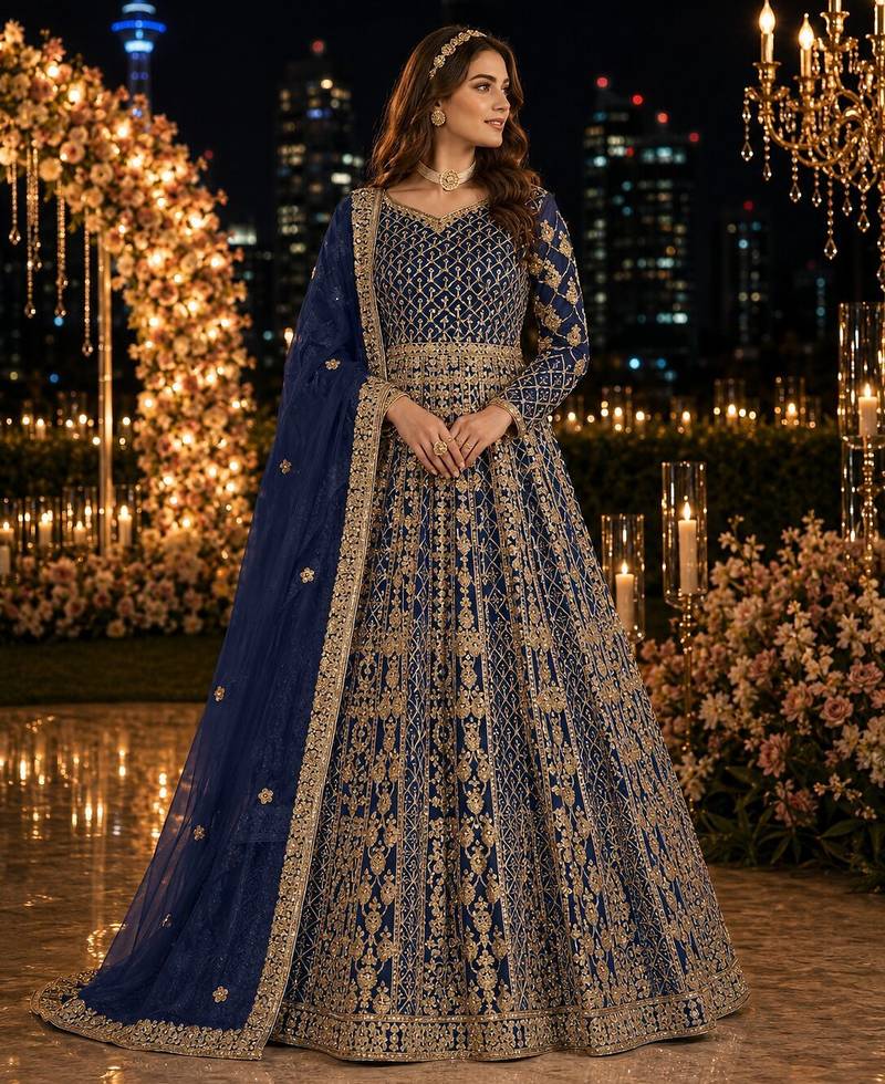 Navy blue embroidered net semi stitched anarkali suit
