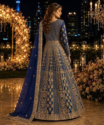 Navy blue embroidered net semi stitched anarkali suit 2