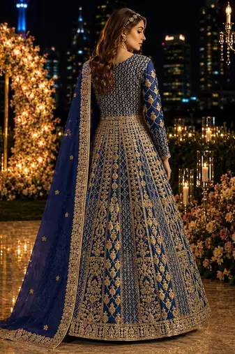 Navy blue embroidered net semi stitched anarkali suit