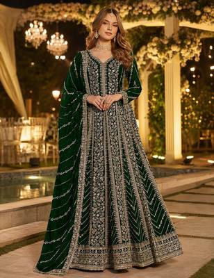 Dark green georgette embroidered semi stitched salwar suit 1
