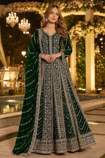 Dark green georgette embroidered semi stitched salwar suit
