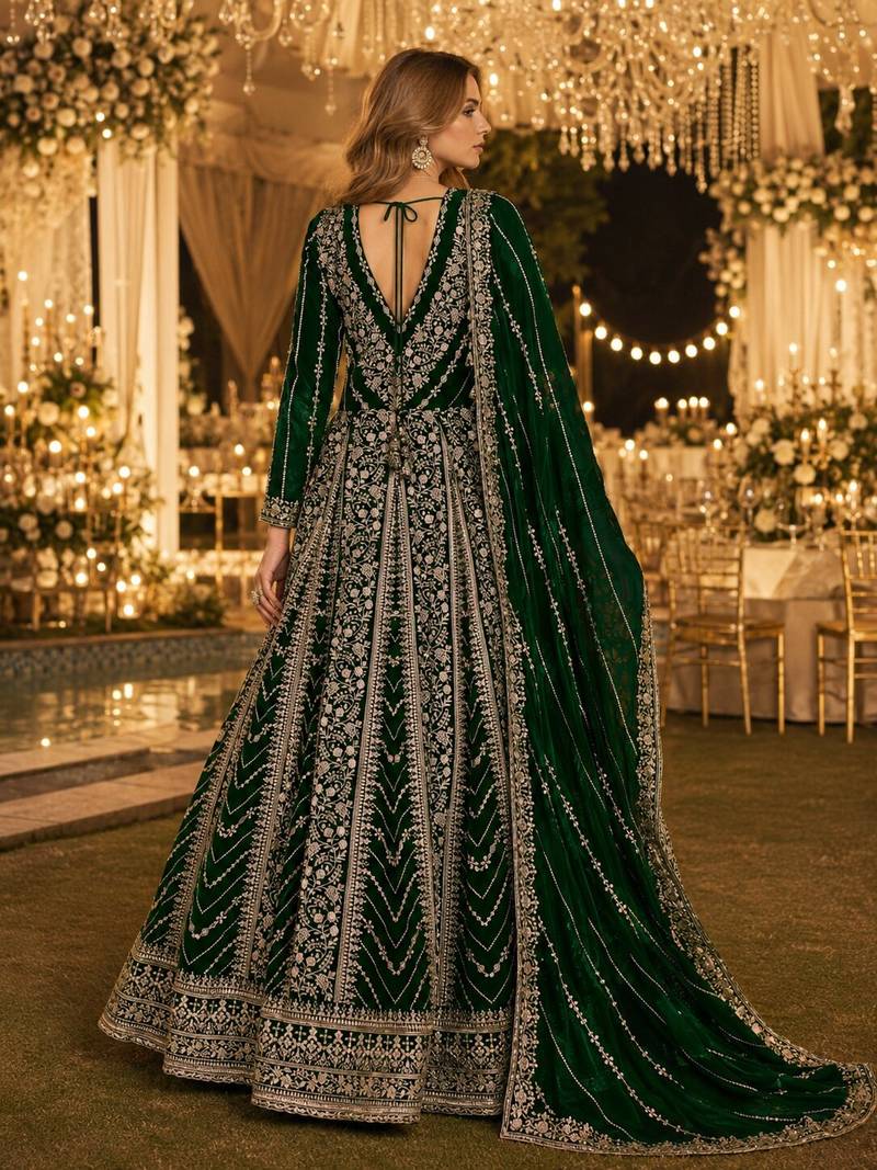 Dark green georgette embroidered semi stitched salwar suit