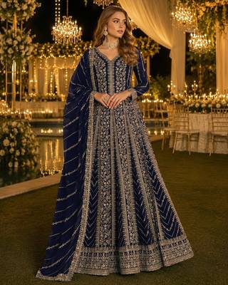 Navy blue georgette embroidered semi stitched salwar suit 1